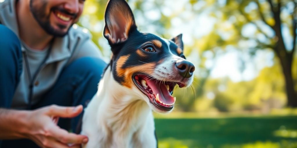 Rat Terrier playing with owner in sunny park.