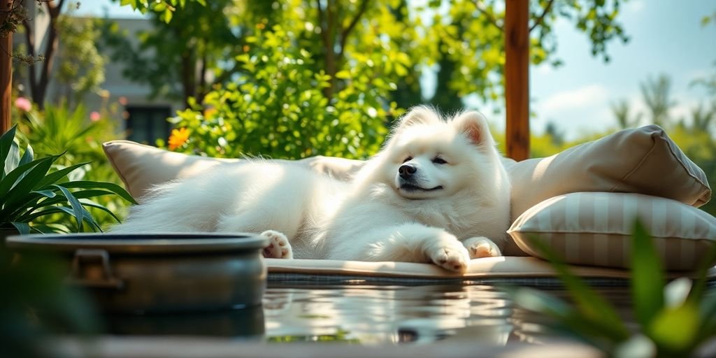 Fluffy Samoyed resting in a shaded garden area.