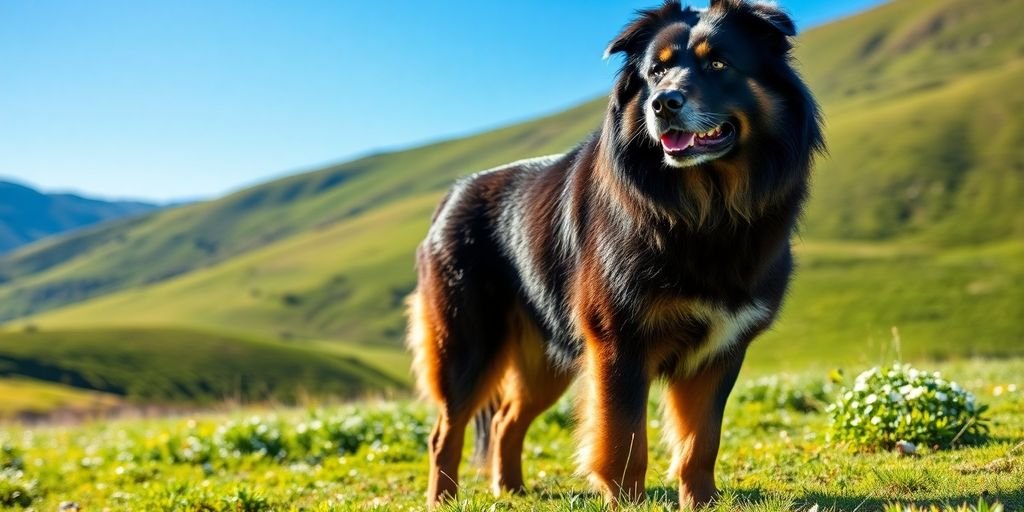 Estrela Mountain Dog in a green landscape under sunlight.