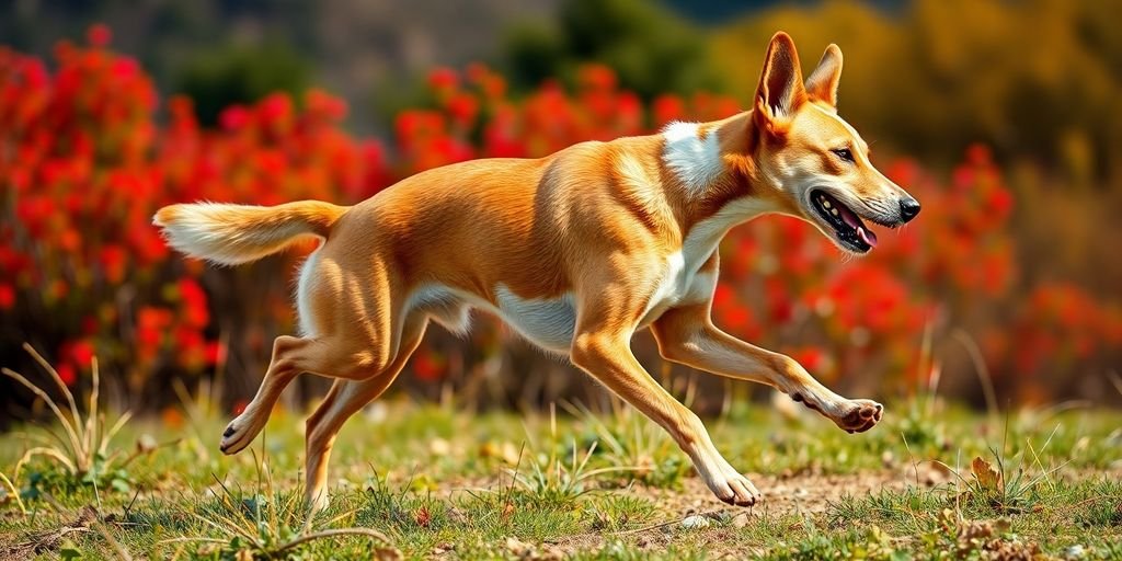 Portuguese Podengo hunting in a natural outdoor setting.