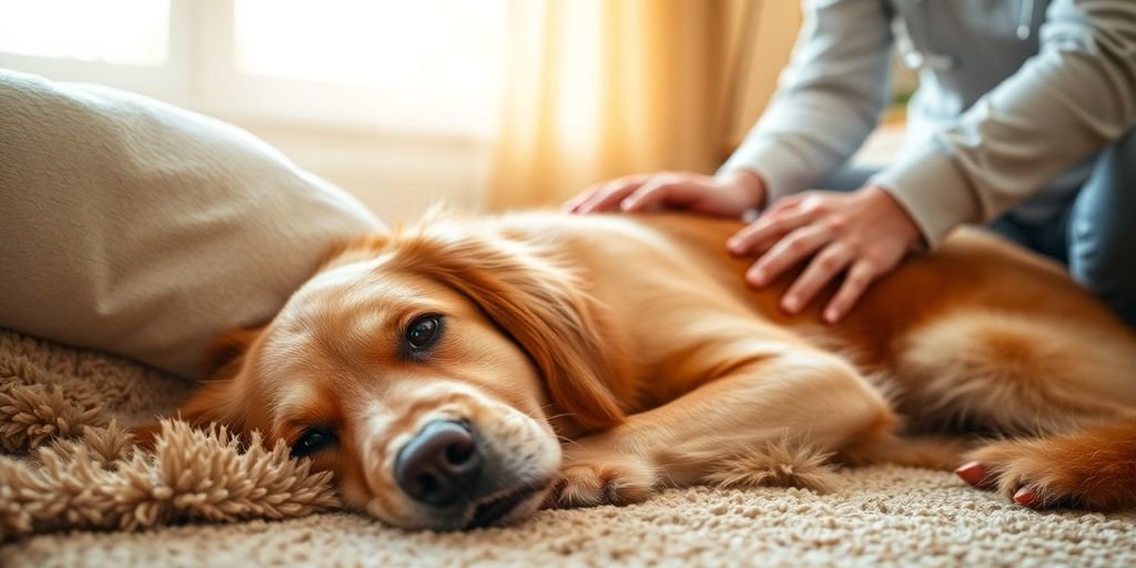 Dog relaxing with therapist