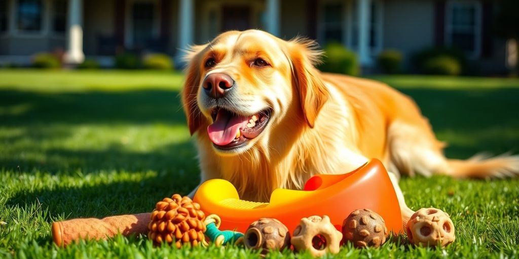 Happy dog playing with enrichment toys outdoors.