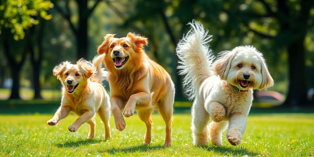 Happy dog playing with other dogs in park.
