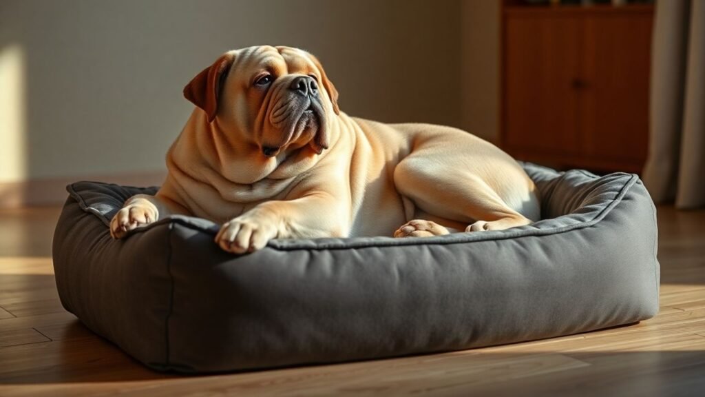Overweight senior dog sleeping on orthopedic bed.