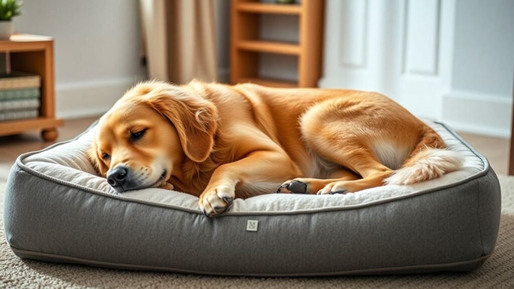 Dog resting on orthopedic bed for hip dysplasia relief.