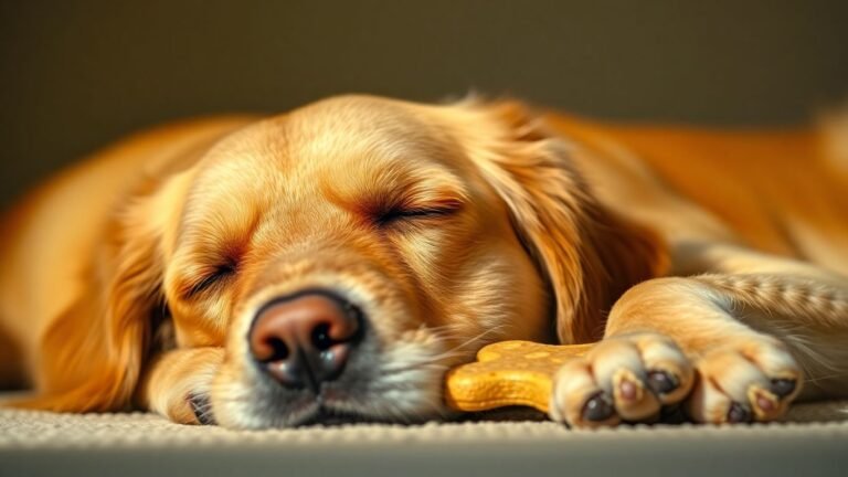 Relaxed dog with calming treat, soft lighting.