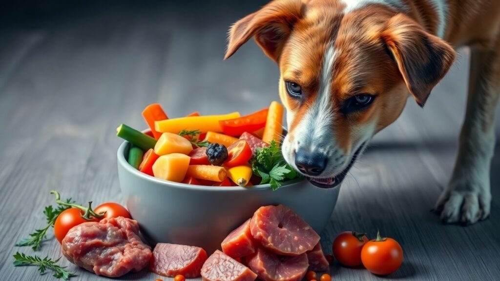 Dog eating healthy raw food from a bowl.