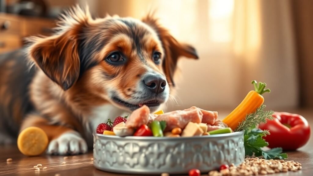 Dog looking at bowl of natural dog food ingredients.