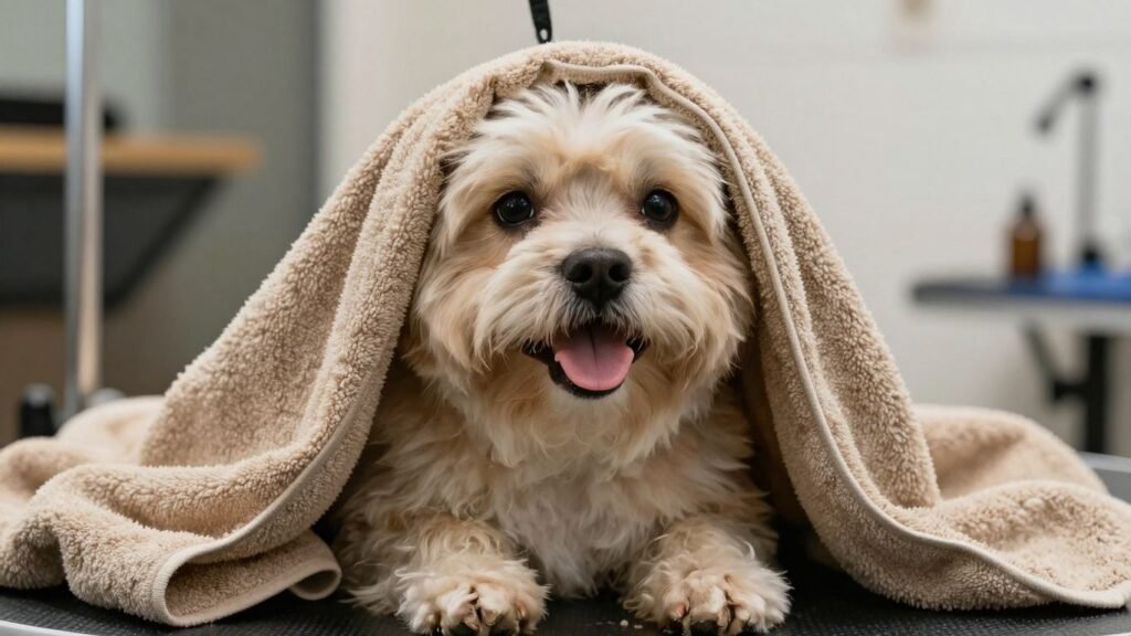 Dog wrapped in a warm towel after grooming.