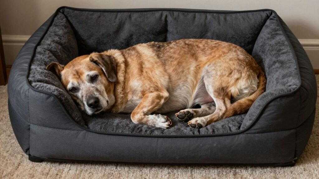 Senior dog sleeping on a comfortable waterproof bed.