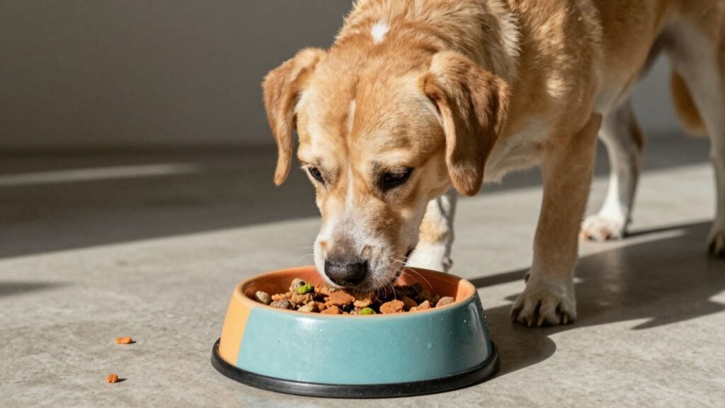 Dog eating calmly from a slow feeder bowl.