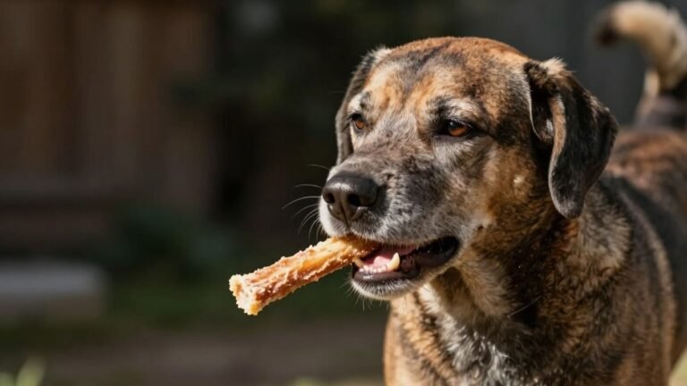 Senior dog enjoying a collagen stick for joint health.
