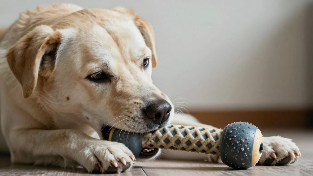 Dog calmly chewing a textured anxiety relief toy.